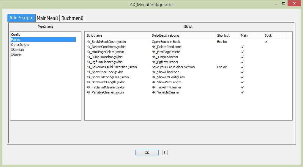 Das Dialogfeld des 4X_MenuConfigurator mit dem Registerblatt "Alle Skripte"